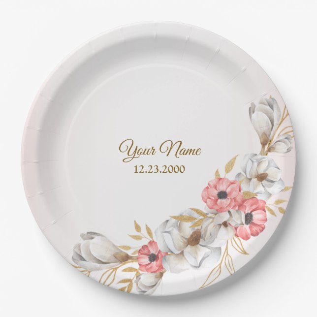 Pink Floral Golden Peach Modern Wedding Party Paper Plates (Front)