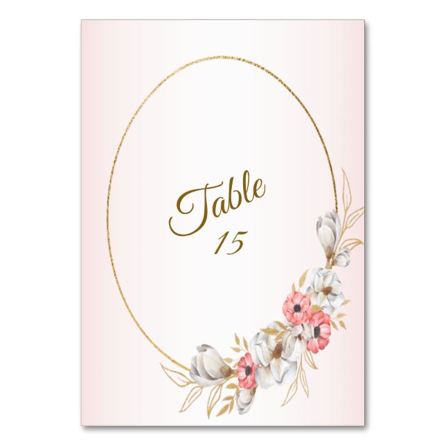 Pink Floral Golden Peach Modern Wedding Party Table Number (Front)