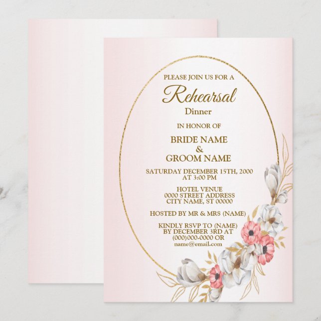 Pink Floral Golden Peach Wedding Rehearsal Dinner Invitation (Front/Back)