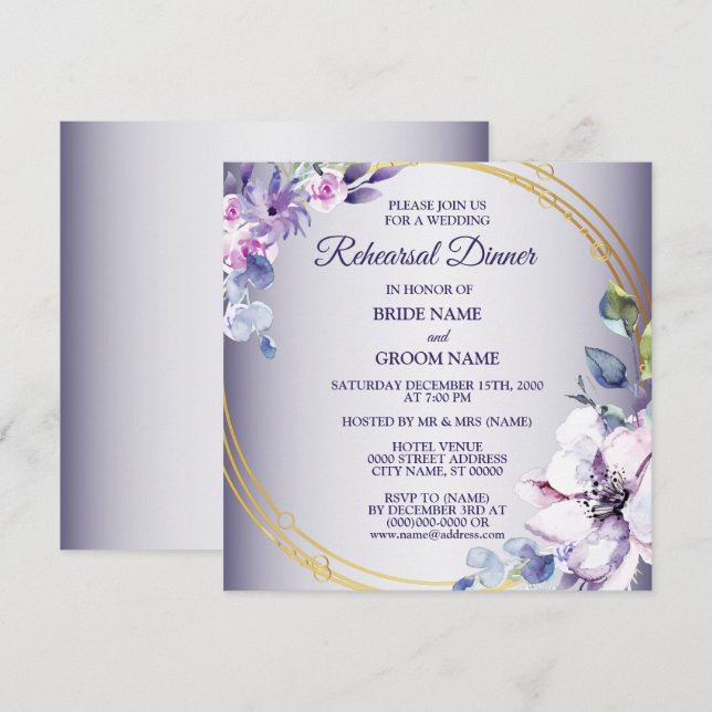 Pink Floral Golden Purple Wedding Rehearsal Dinner Invitation (Front/Back)