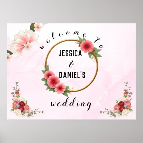 pink floral goldenring wedding welcome sign poster