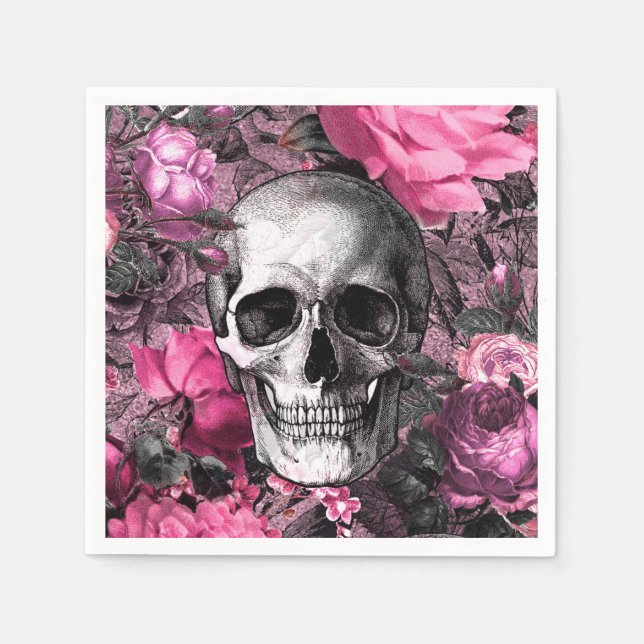Pink Floral Goth Skull Napkins (Front)