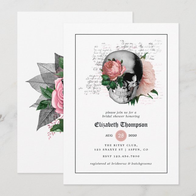Pink Floral Gothic Skeleton Bridal Shower Invitation (Front/Back)