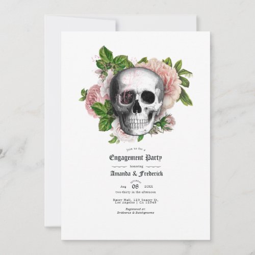 Pink Floral Gothic Skull Engagement Party Invitation