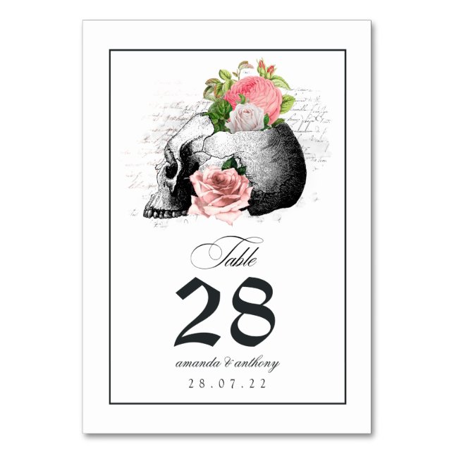 Pink Floral Gothic Skull Table Number (Front)