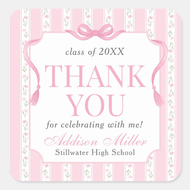Pink Floral Graduation Announcement  Square Sticker (Front)