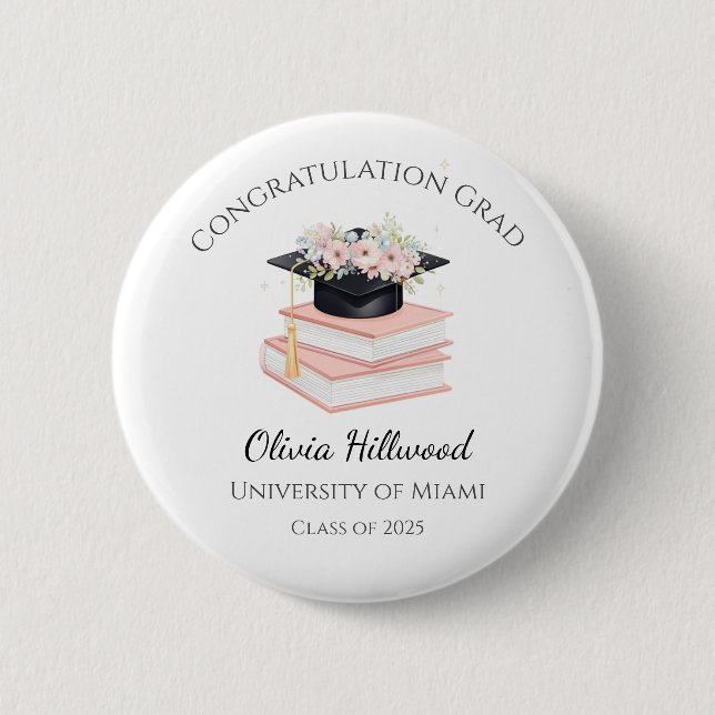 Pink Floral Graduation cap Uni Name  Button (Front)