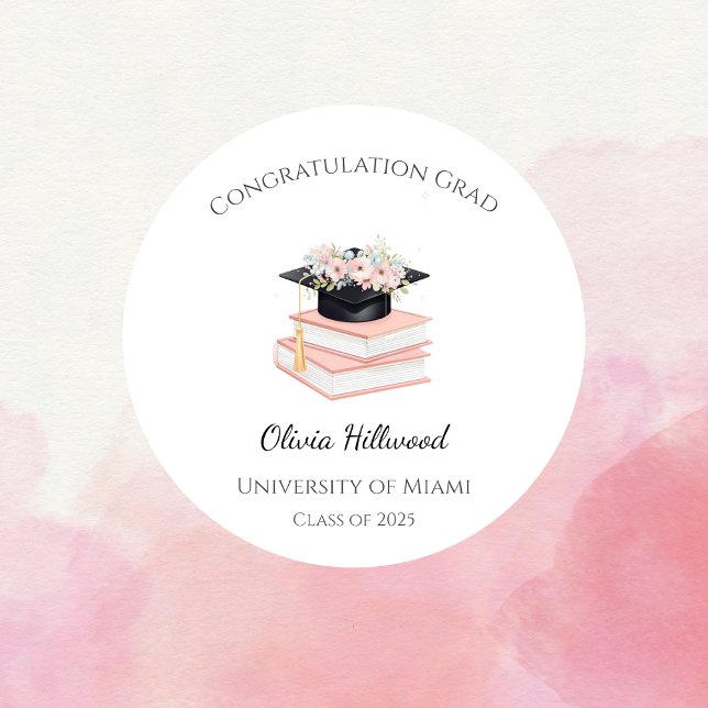 Pink Floral Graduation cap Uni Name  Classic Round Sticker (Creator Uploaded)