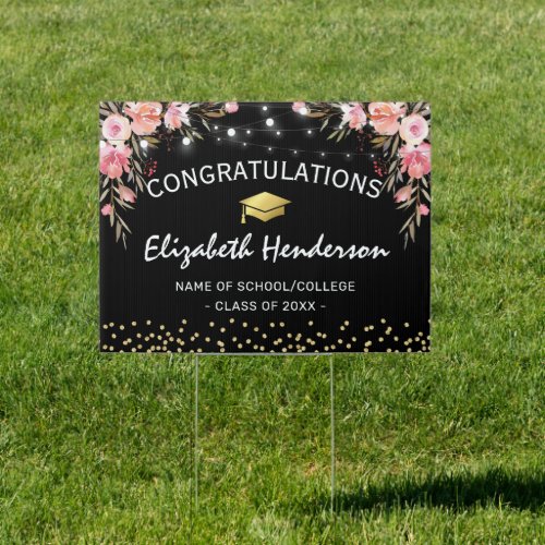 Pink Floral Graduation Congratulations Sign - Elegant graduation yard sign featuring a trendy black background, pink watercolor florals, a graduate cap, gold glitter, and a congratulations template that is easy to personalize.