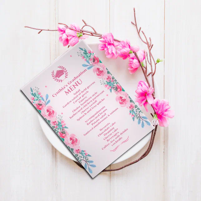 Pink Floral Graduation Dinner Menu Invitation | Zazzle