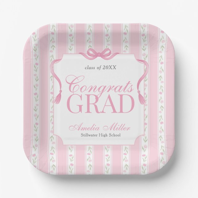 Pink Floral Graduation Paper Plates (Front)