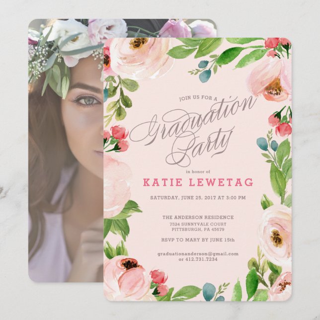 PINK FLORAL GRADUATION PARTY INVITATION (Front/Back)