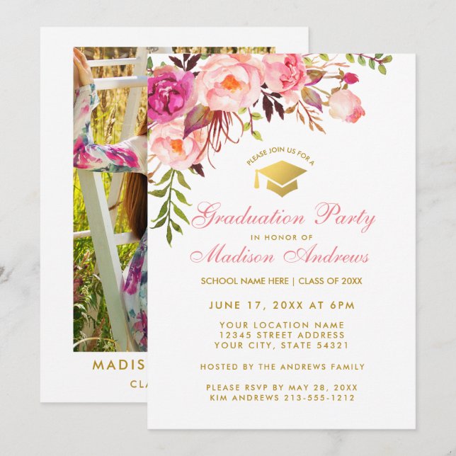 Pink Floral Graduation Party Invite - Photo Back (Front/Back)