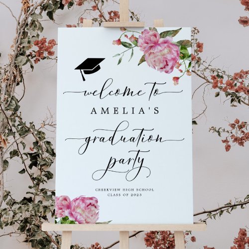 Pink Floral Graduation Party Welcome Sign