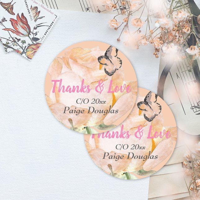 Pink Floral Graduation Thank You Classic Round Sticker (peach pink floral graduation sticker envelope seal label congratulations grad thank you party favor)