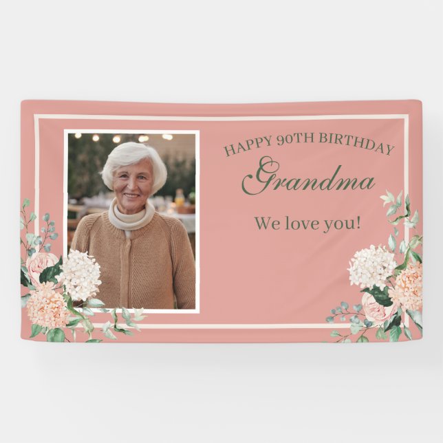 Pink Floral Grandma 90th Birthday Banner (Horizontal)