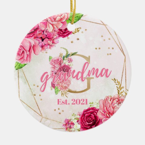 Pink Floral GrandmaGrandmother Holiday  Ceramic Ornament