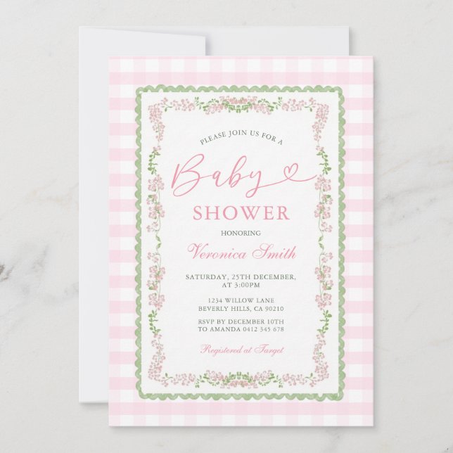 Pink Floral Grandmillenial Baby Shower Gingham Invitation (Front)