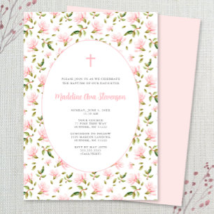 Pink Floral Grandmillenial girl baptism invitation