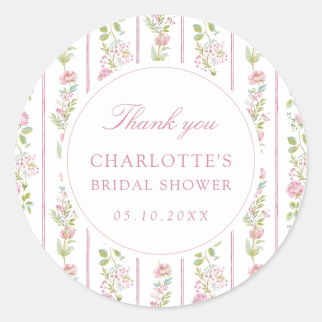 Pink Floral Grandmillennial Bridal Shower Classic Round Sticker (Front)