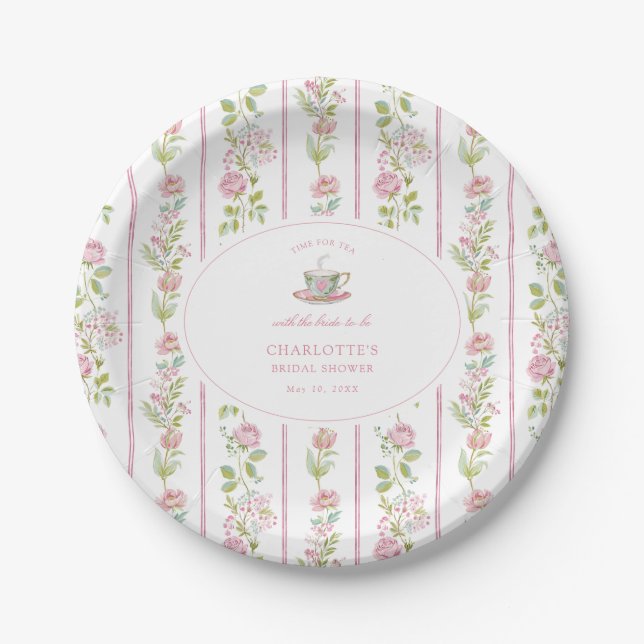 Pink Floral Grandmillennial Bridal Tea Party  Paper Plates (Front)