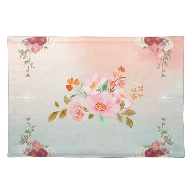 Pink Floral Graphic Art, Flourishing Flowers Cloth Placemat (Front)