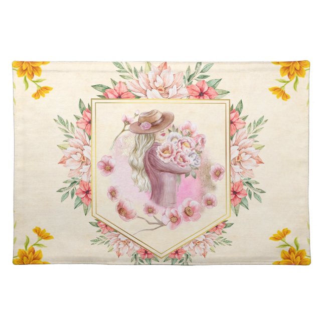 Pink Floral Graphic Art, Lady Of Spring Cloth Placemat (Front)