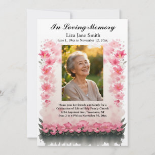 Pink Floral Gray Leaves Celebration of Life Invitation