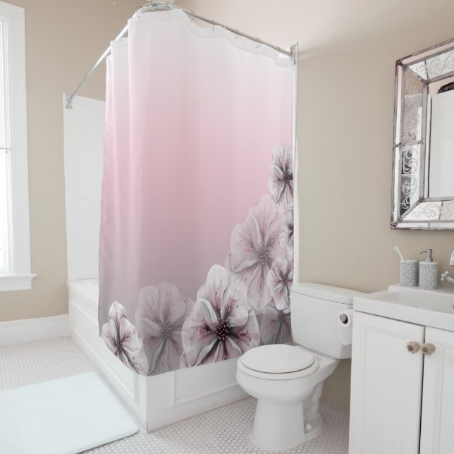 Pink Floral Gray White Ombre Shower Curtain (In Situ)