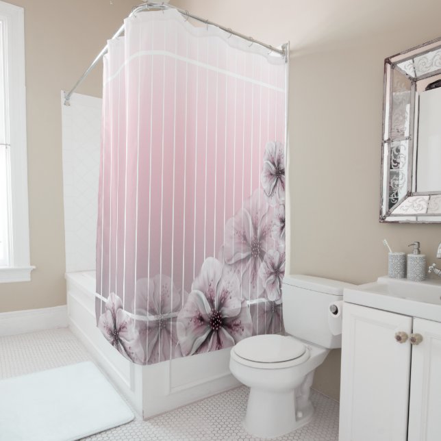 Pink Floral Gray White Ombre Stripe Shower Curtain (In Situ)