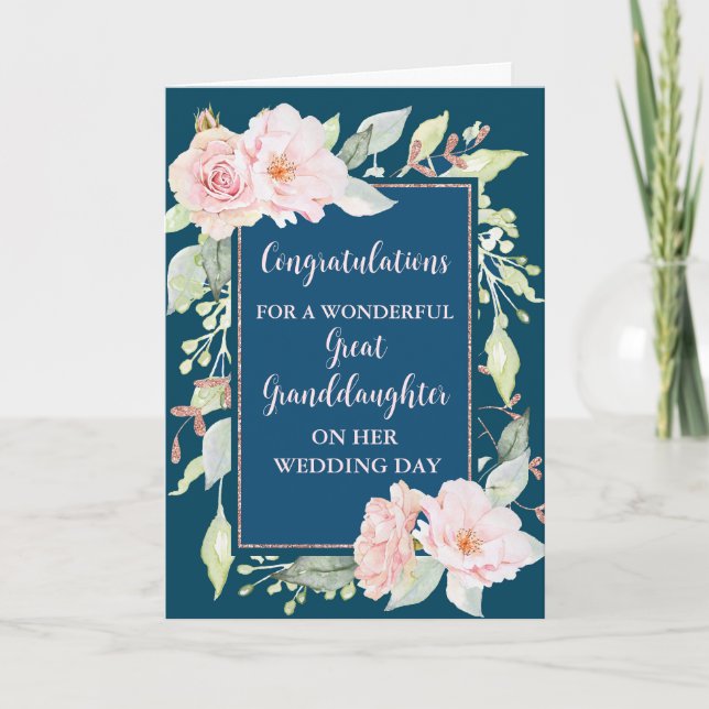 Pink Floral Great Granddaughter Wedding  Card (Front)