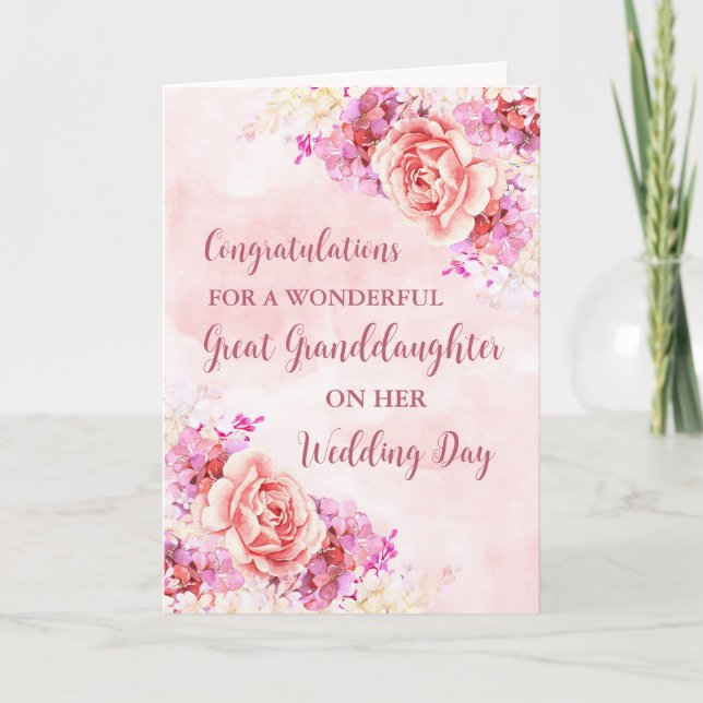 Pink Floral Great Granddaughter Wedding  Card (Front)