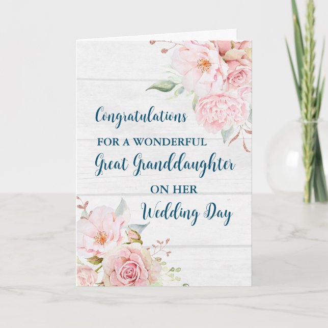 Pink Floral Great Granddaughter Wedding  Card (Front)