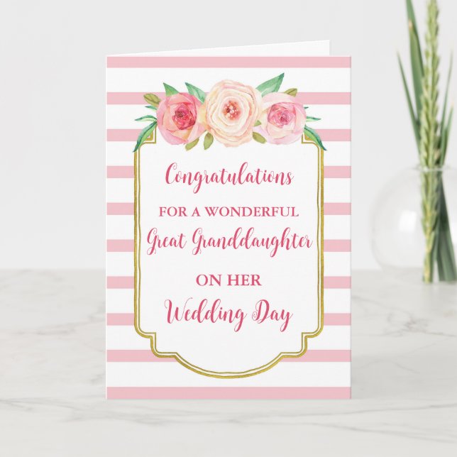 Pink Floral Great Granddaughter Wedding  Card (Front)