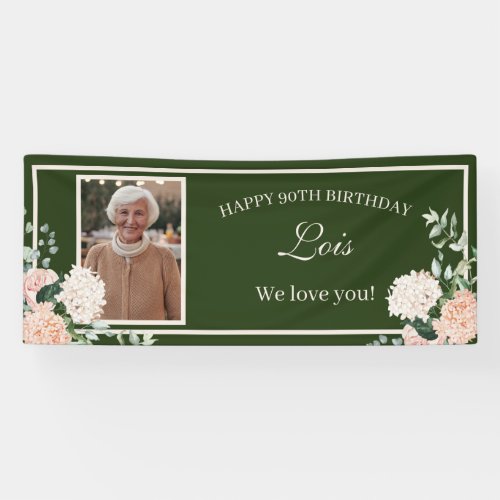 Pink Floral Green 90th Birthday Banner