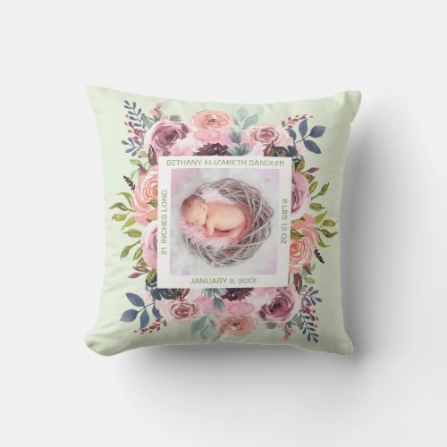 Pink Floral Green Baby Girl Birth Stats Photo Throw Pillow