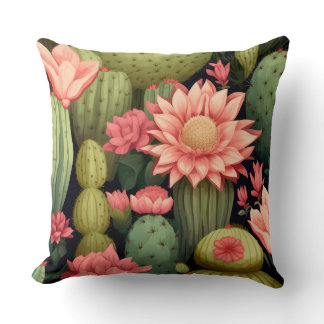 Pink Floral Green Cactus Black Desert Bohemian Throw Pillow