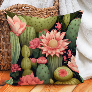Pink Floral Green Cactus Black Desert Bohemian Throw Pillow