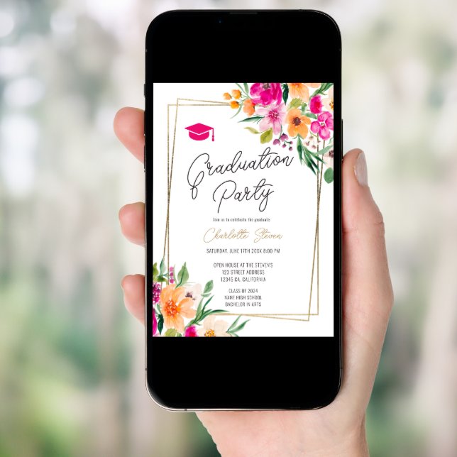 Pink floral green chic gold script graduation invitation (Front Digital)