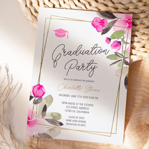 Pink floral green chic gold script graduation invitation