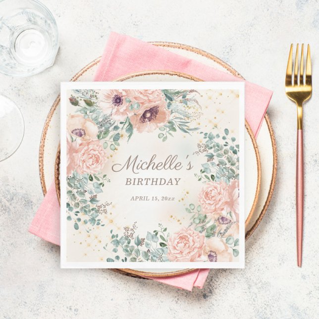Pink Floral Green Foliage Gold Glitter Birthday Napkins (Blush pink floral and sage green leaves birthday party paper napkins)