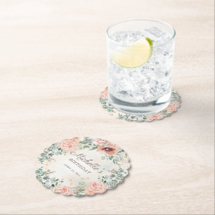 Pink Floral Green Foliage Gold Glitter Birthday Paper Coaster
