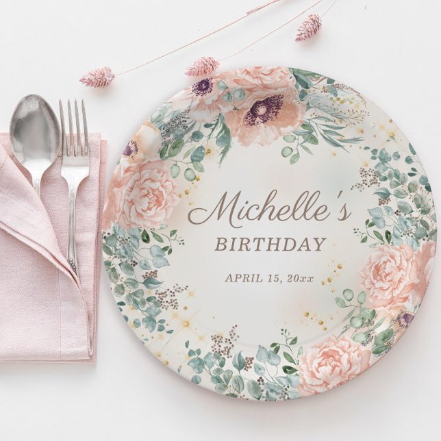 Pink Floral Green Foliage Gold Glitter Birthday Paper Plates (Blush pink floral and sage green leaves women's birthday party paper plates)
