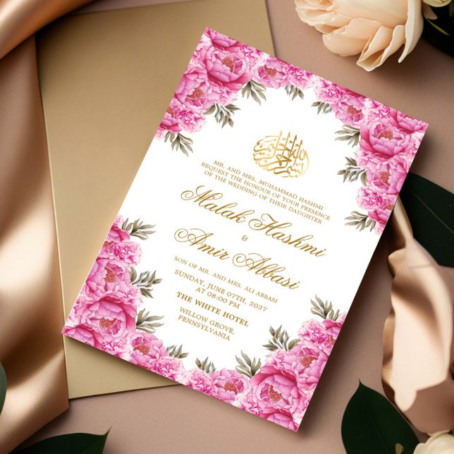 Pink Floral & Green Leaf Islamic Muslim Wedding Invitation (Creator Uploaded)