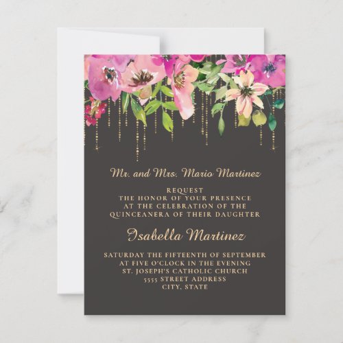 Pink Floral Green Leaves Black Gold Quinceaera Invitation