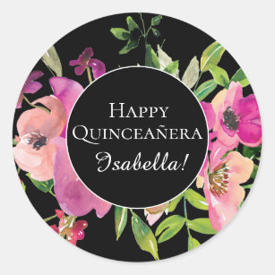 Pink Floral Green Leaves Black Happy Quinceañera Classic Round Sticker