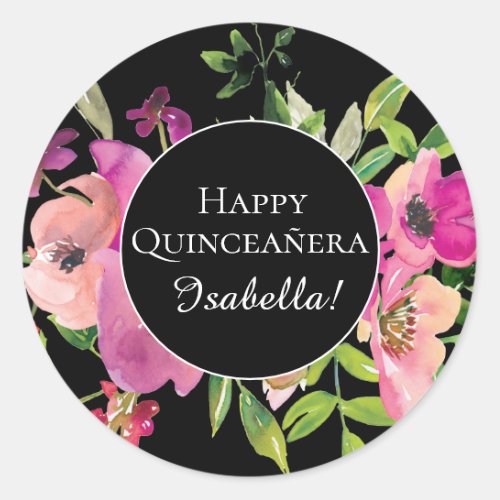 Pink Floral Green Leaves Black Happy Quinceaera Classic Round Sticker