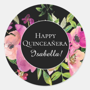 Pink Floral Green Leaves Black Happy Quinceañera Classic Round Sticker