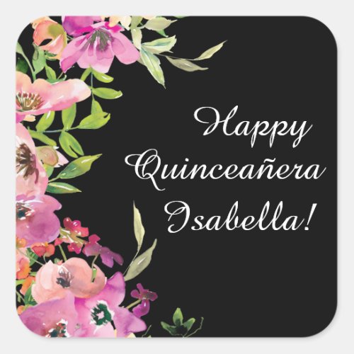 Pink Floral Green Leaves Black Happy Quinceaera Square Sticker