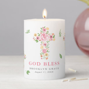 Pink Floral Green Leaves Cross Baptism  Pillar Candle